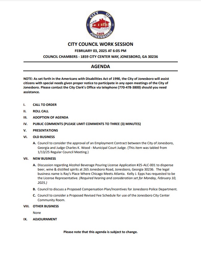 Mayor and City Council Work Session - Monday February 3rd. 6pm.